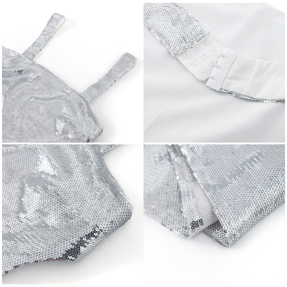 French High Feeling Silver Sequins Halter Sheath Dress