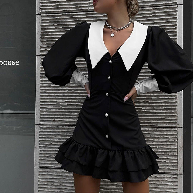 Stitching Turnover Neck Socialite Style Hip Bag Dress