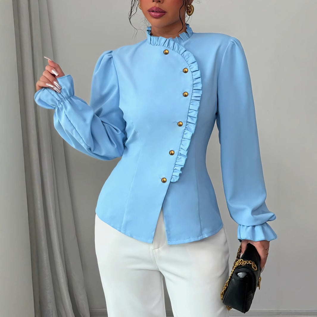 Women's Elegant French Asymmetrical Button-down Long Sleeve Blouse