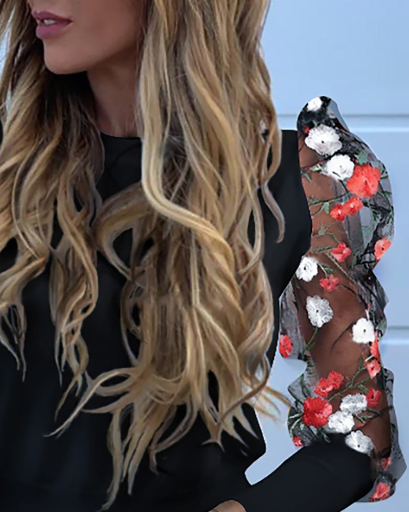 Floral Sheer Mesh Sleeve Blouse