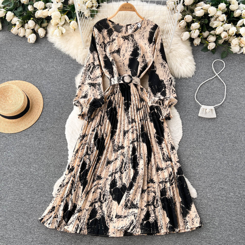 European Style Retro Printed Heavy-duty Pleated Dress