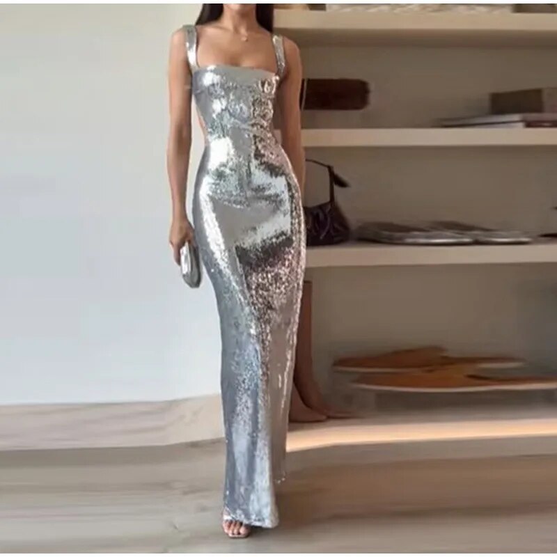 French High Feeling Silver Sequins Halter Sheath Dress