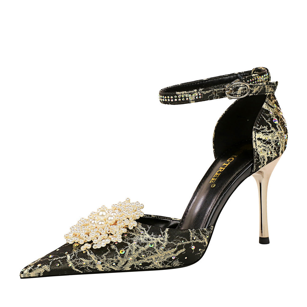 Pointed Toe Rhinestone Pearl Flower High Heels
