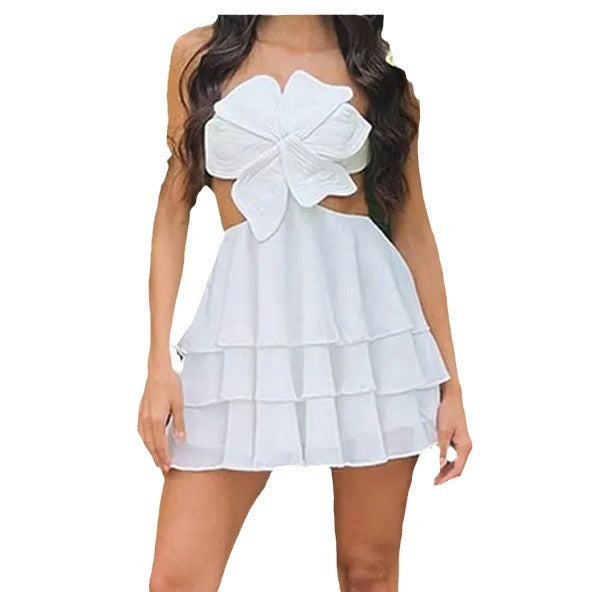 White Halter Flowers Backless Dress