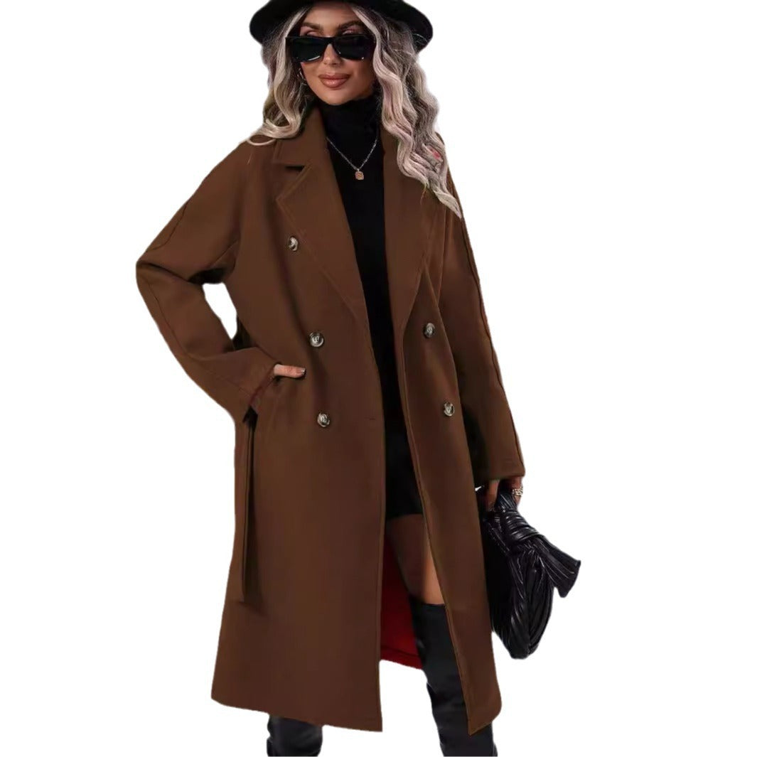 Solid Color Double Breasted Lace-up Woolen Coat