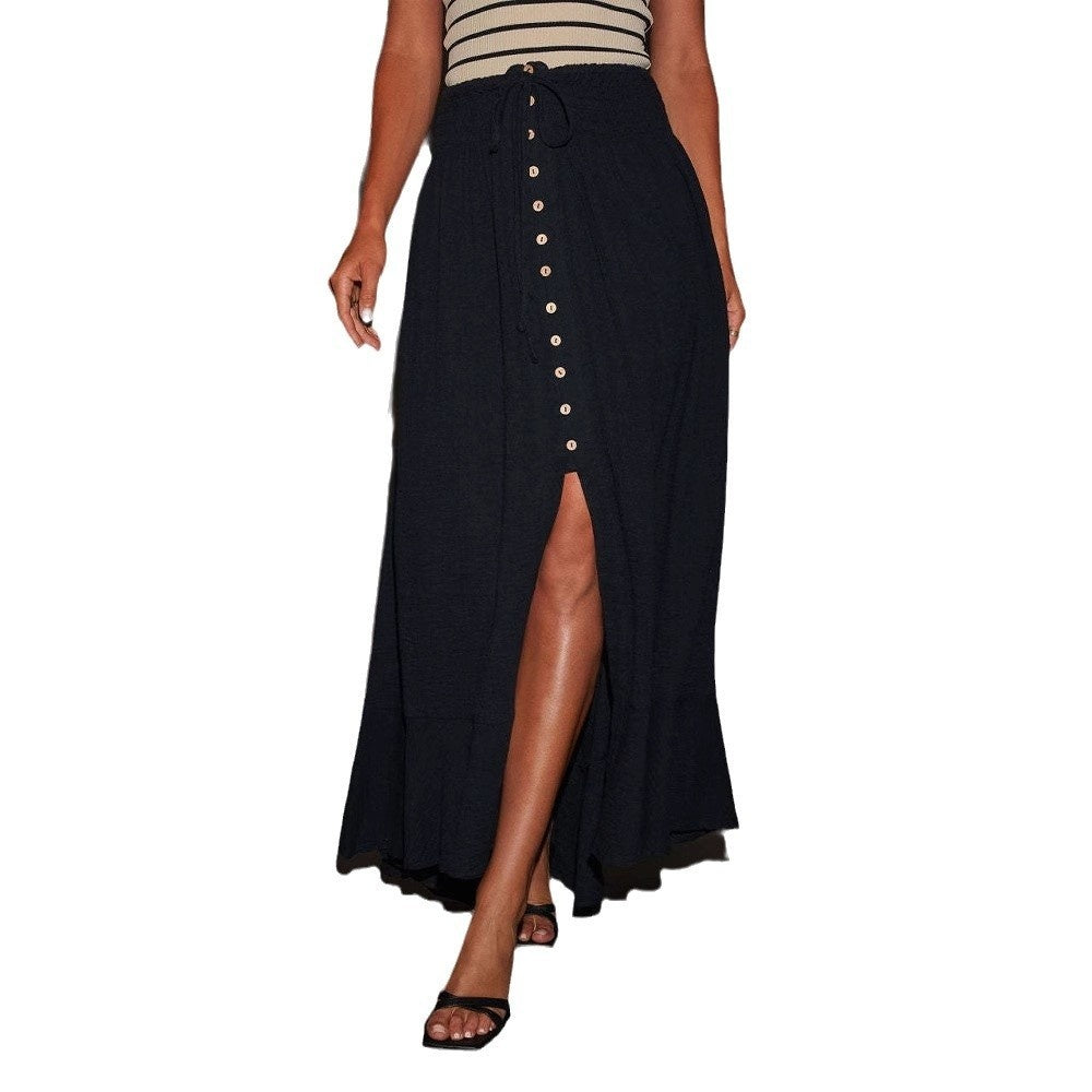 Solid Color Lace-up Waist-slimming Long Dress