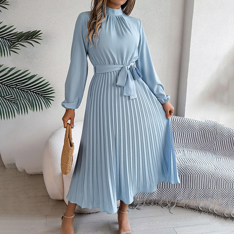 High Neck Long Sleeve Pleated Maxi Dress
