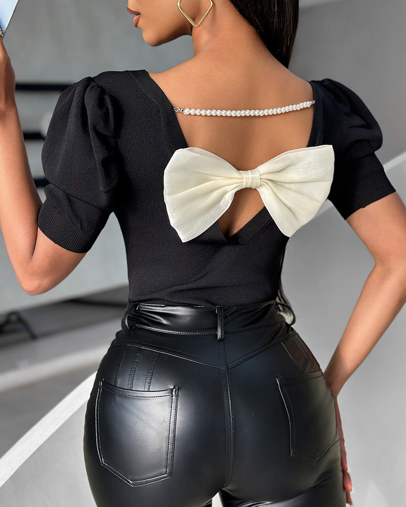 Solid Bowknot Design Blouse