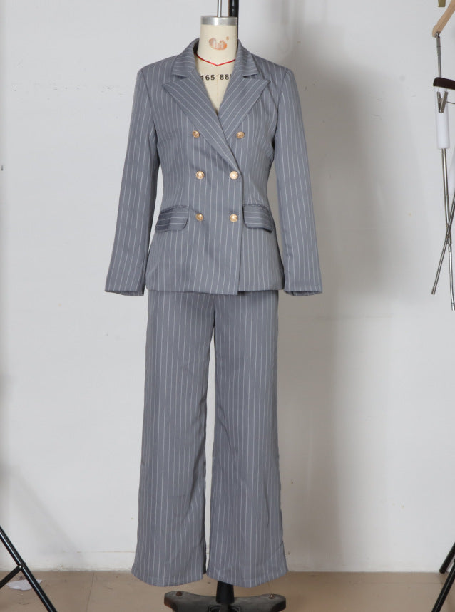 Minimalist-Line Double-Breasted Blazer Suit
