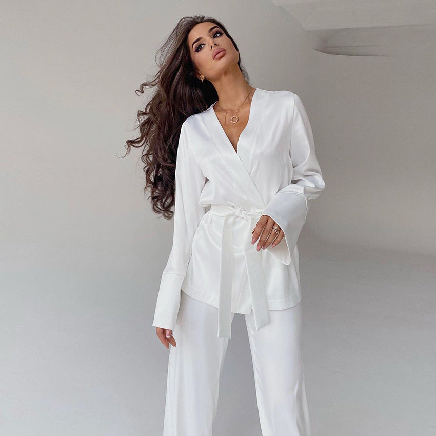 Ice Silk Robe Blouse And Pants Pajamas