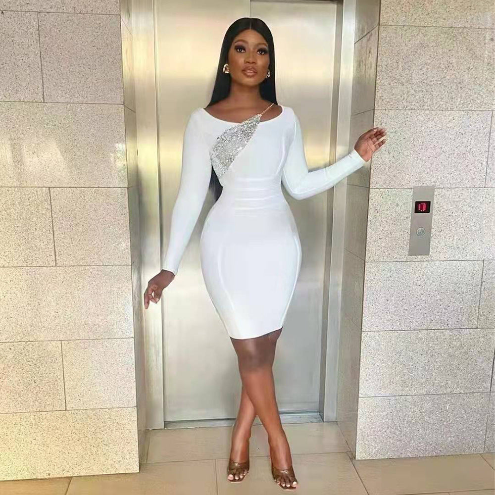 Solid Elegant Sequin Long Sleeve Bandage Dress