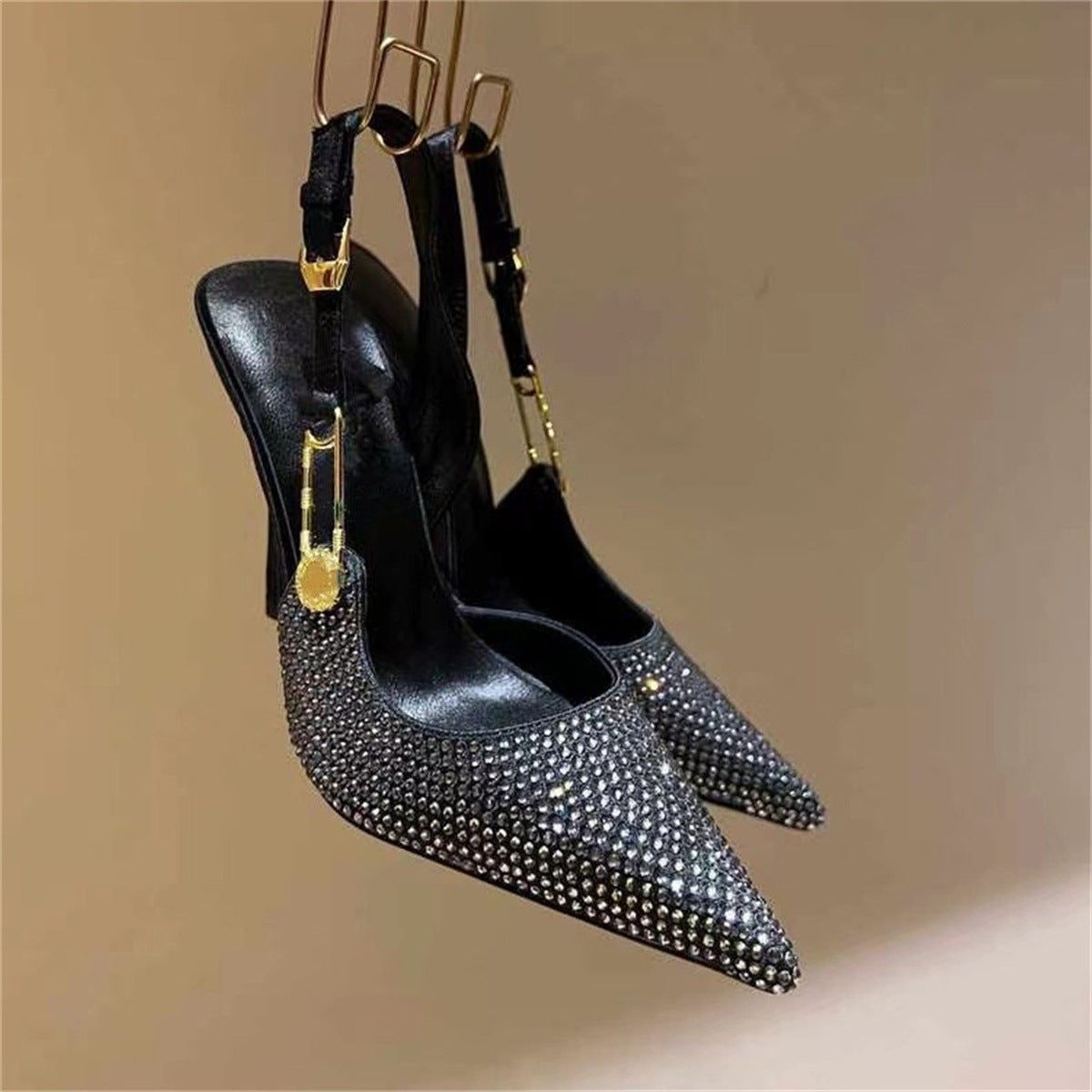 Rhinestone Pointed Toe Strap Heels