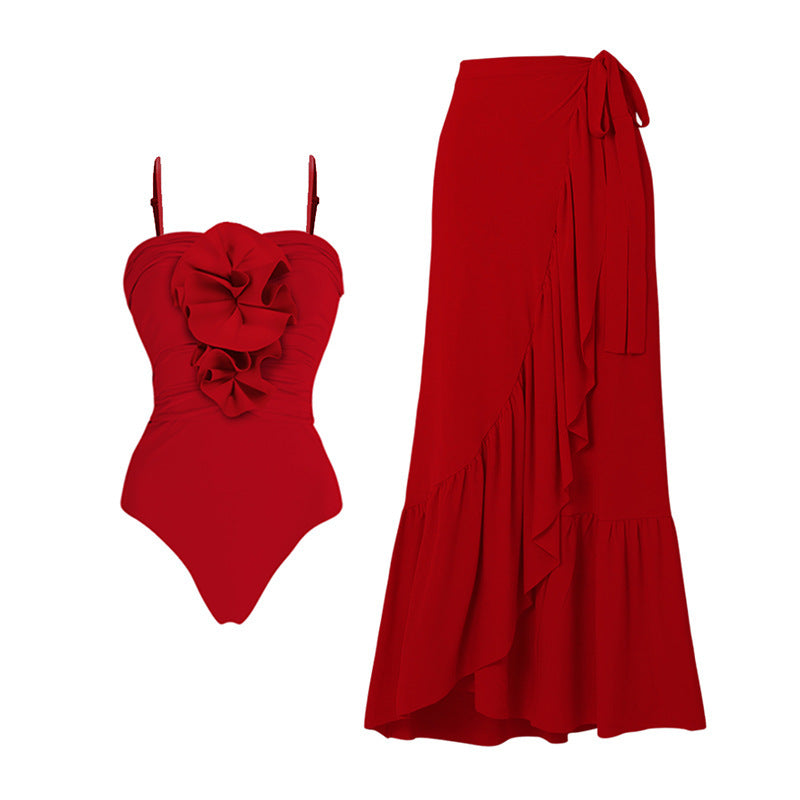 Red V-neck Flower Detachable One-piece Swimsuit