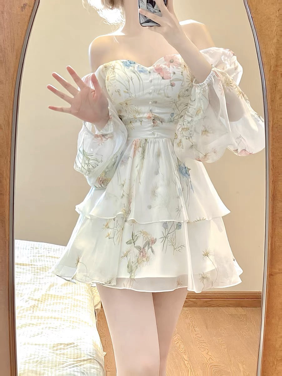 Waist-tight French Style Long Sleeve Floral Dress