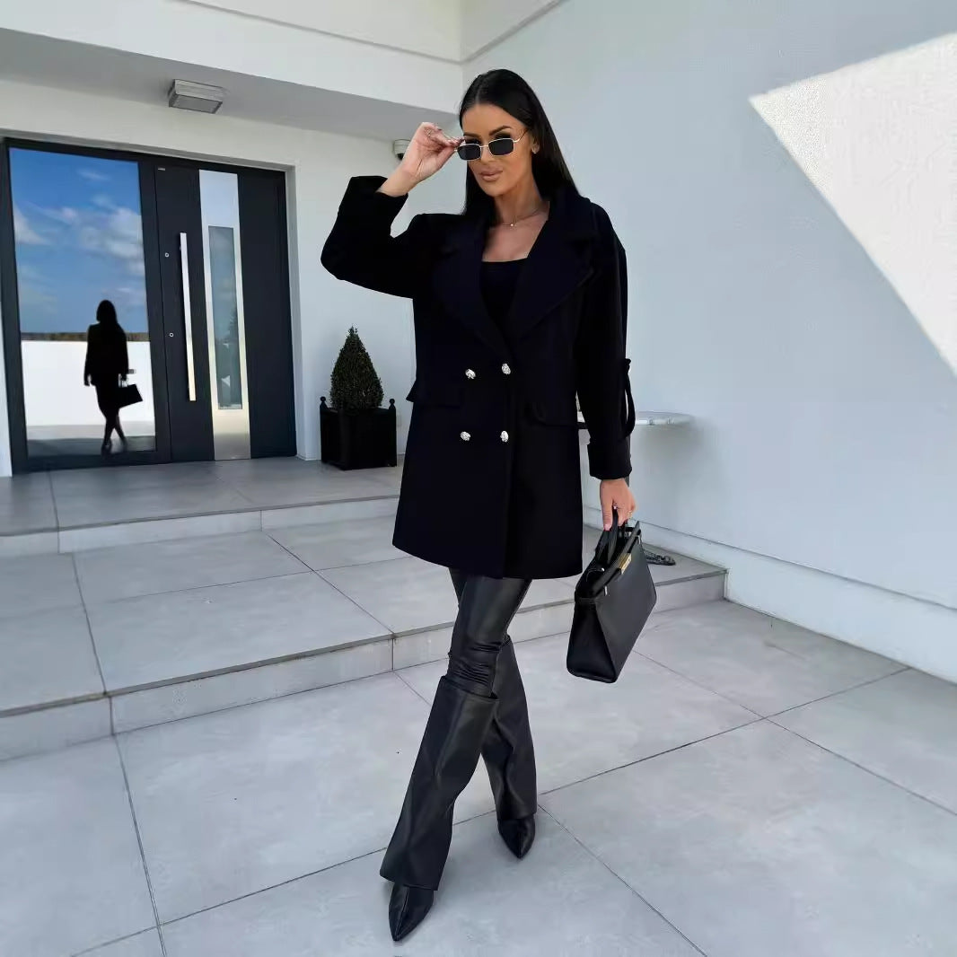 Solid Color Double-breasted Woolen Coat