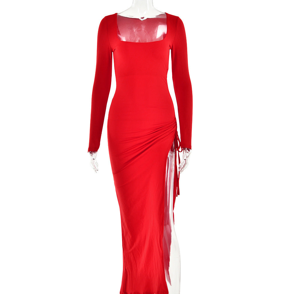 Square-neck Split Long Sleeve Stitching Drawstring Design Long Dress