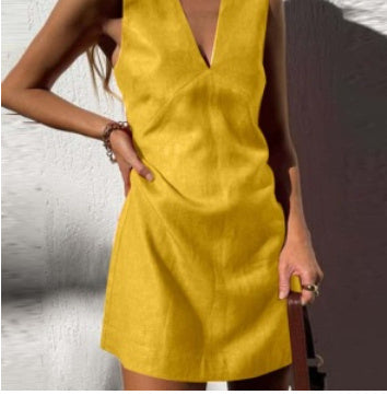 V-neck Cotton And Linen Sleeveless Dress