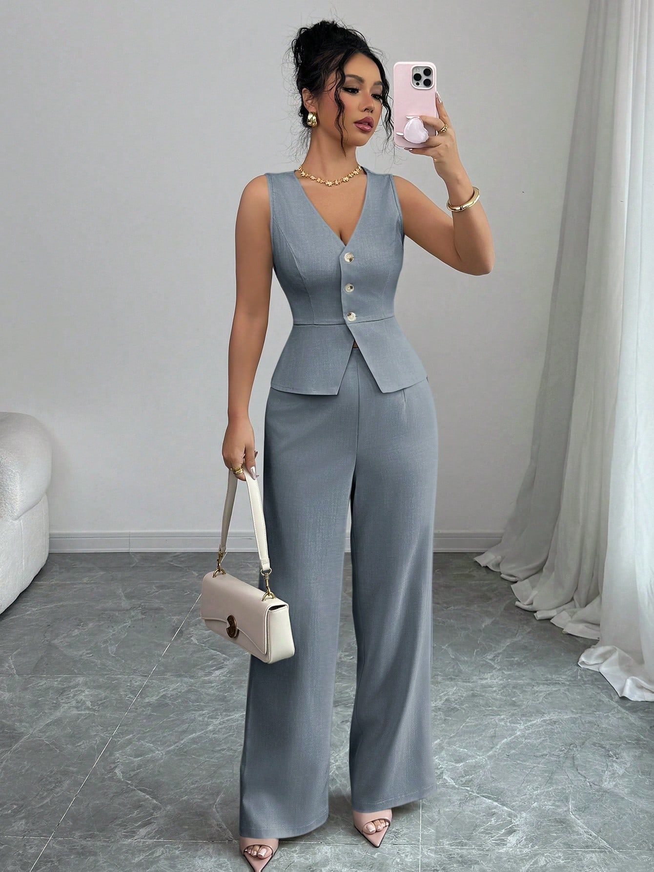 Solid Color Sleeveless Slim Fit Two-piece Set