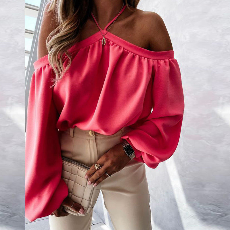Elegant women's strapless long-sleeved casual top by M Chic Boutique, solid color, hanging neck design, perfect for relaxed styling.