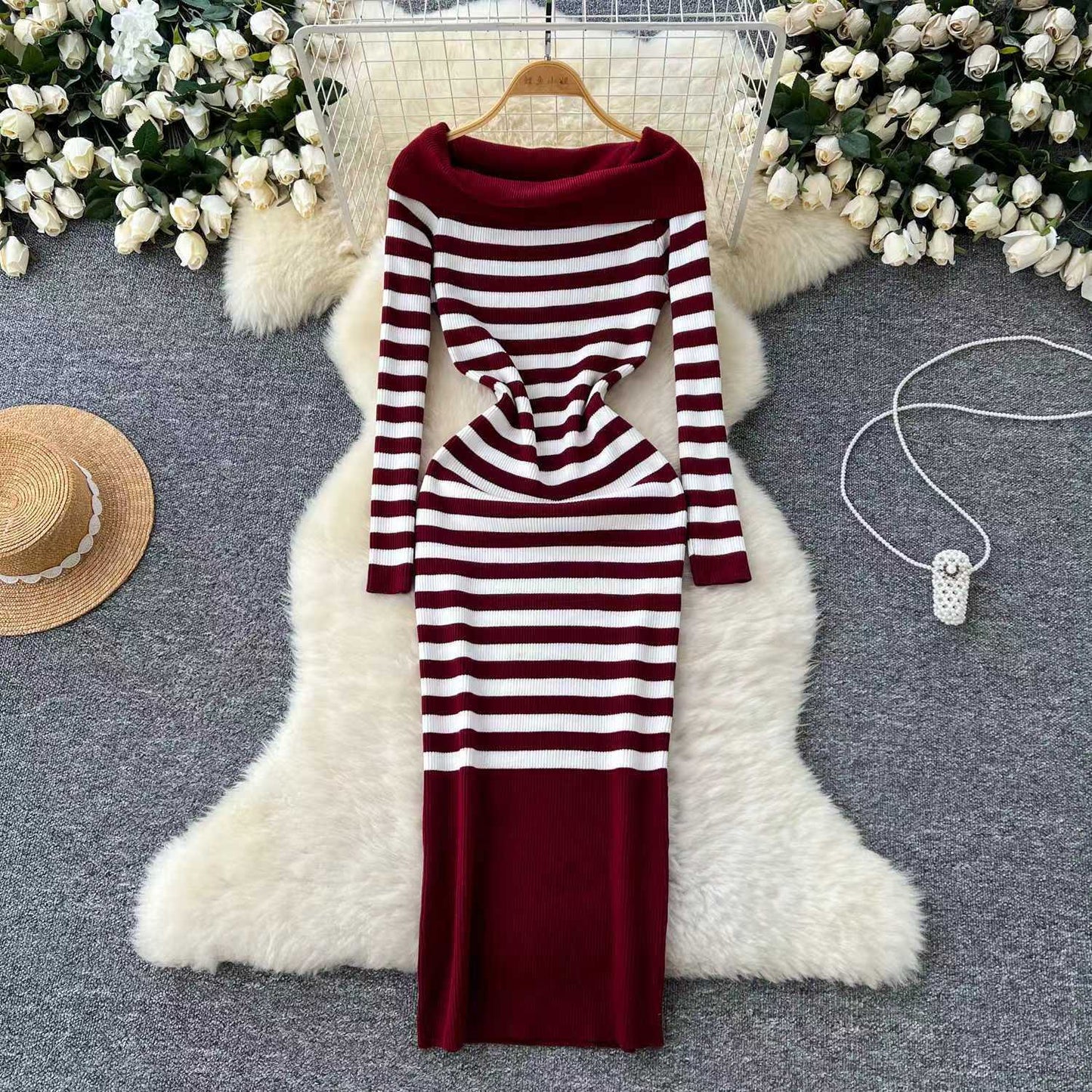 Elegant Slim-fit Sheath Stripes Knitted Dress