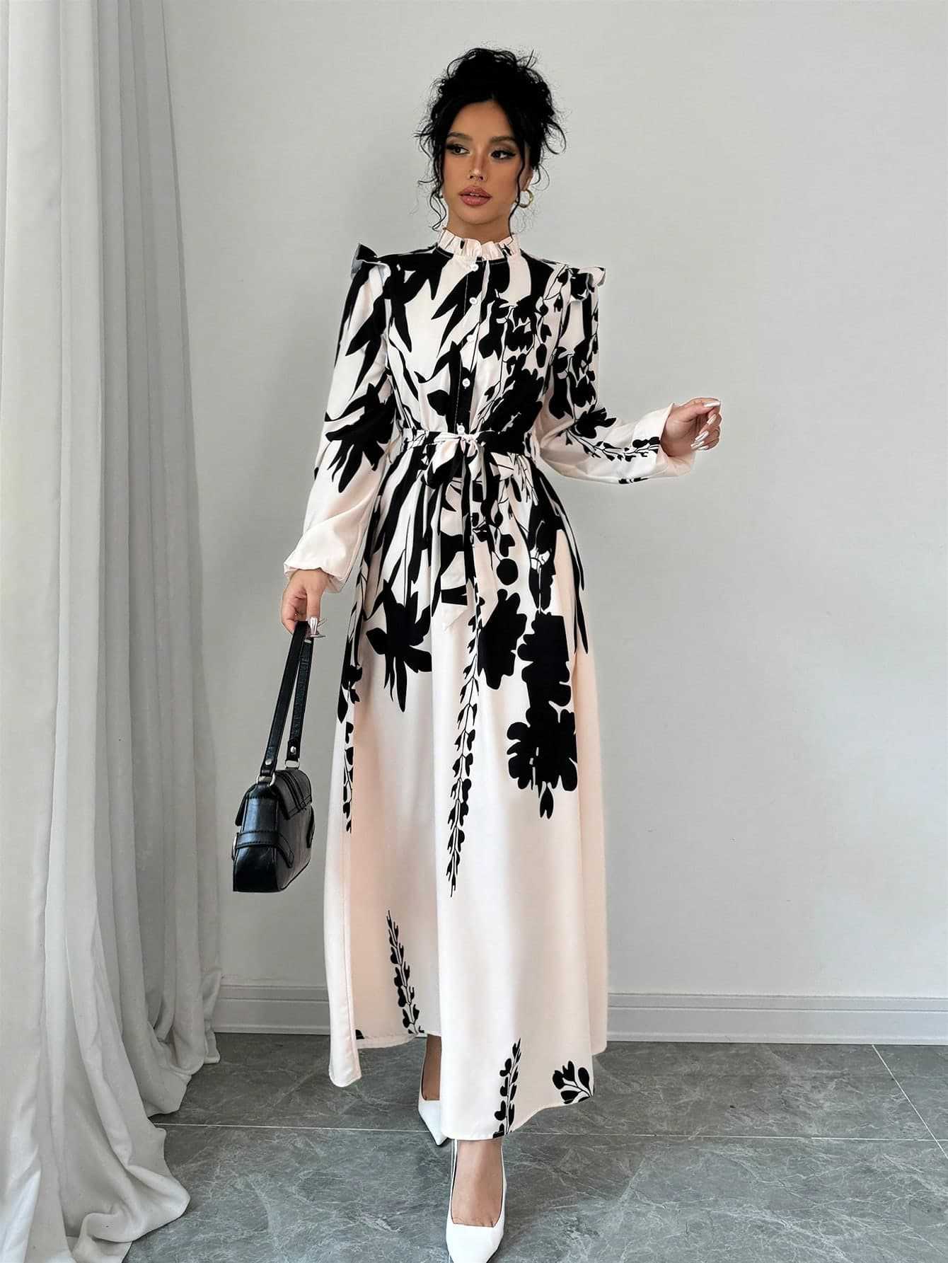 Waist Long Sleeve A- Line Dress