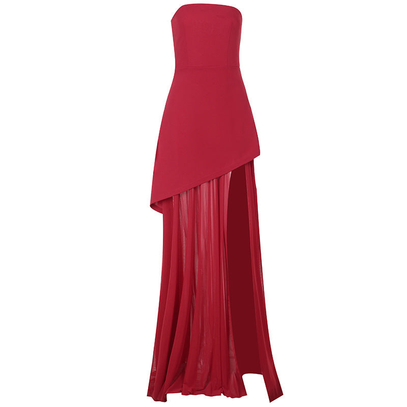 Split Socialite Elegant Slim Tube Top Mesh Stitching Hem Dress