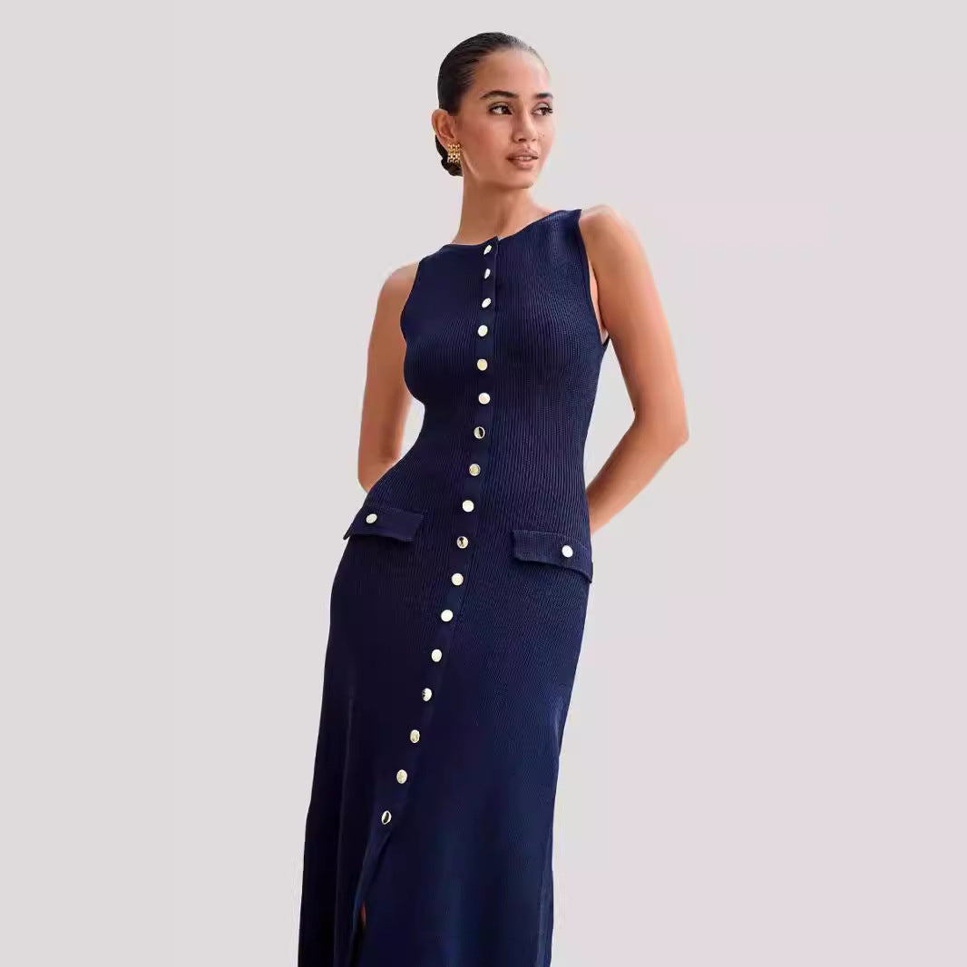 Knitted Elegant Sleeveless Button Long Dress