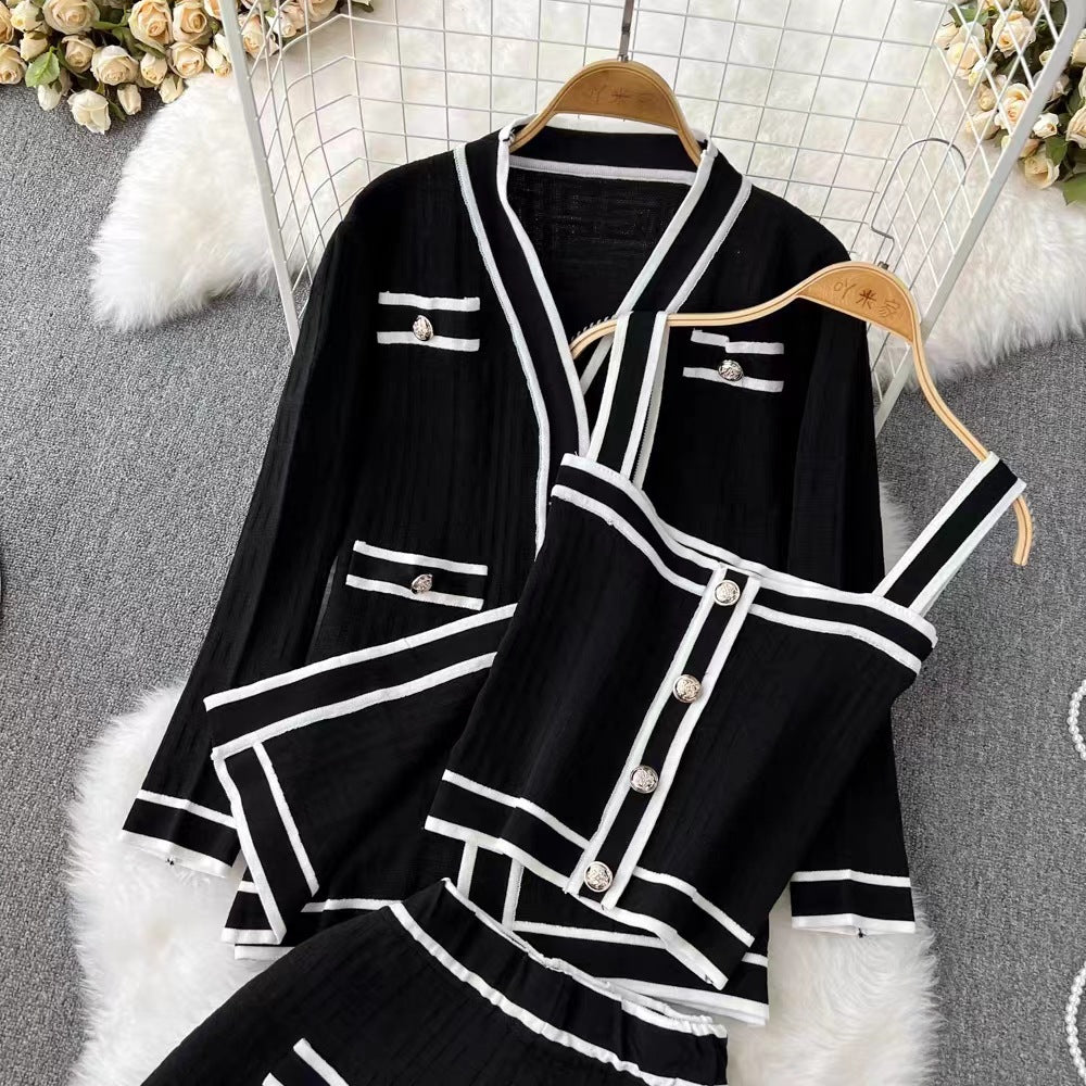 Contrast Elegant Socialite V-neck Knitted Cardigan Suit