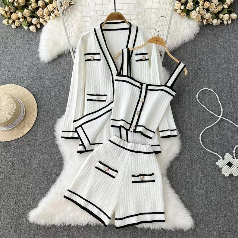 Contrast Elegant Socialite V-neck Knitted Cardigan Suit