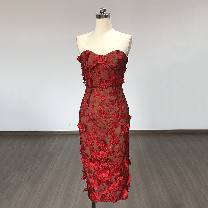French Embroidery Flower Tube Top Dress