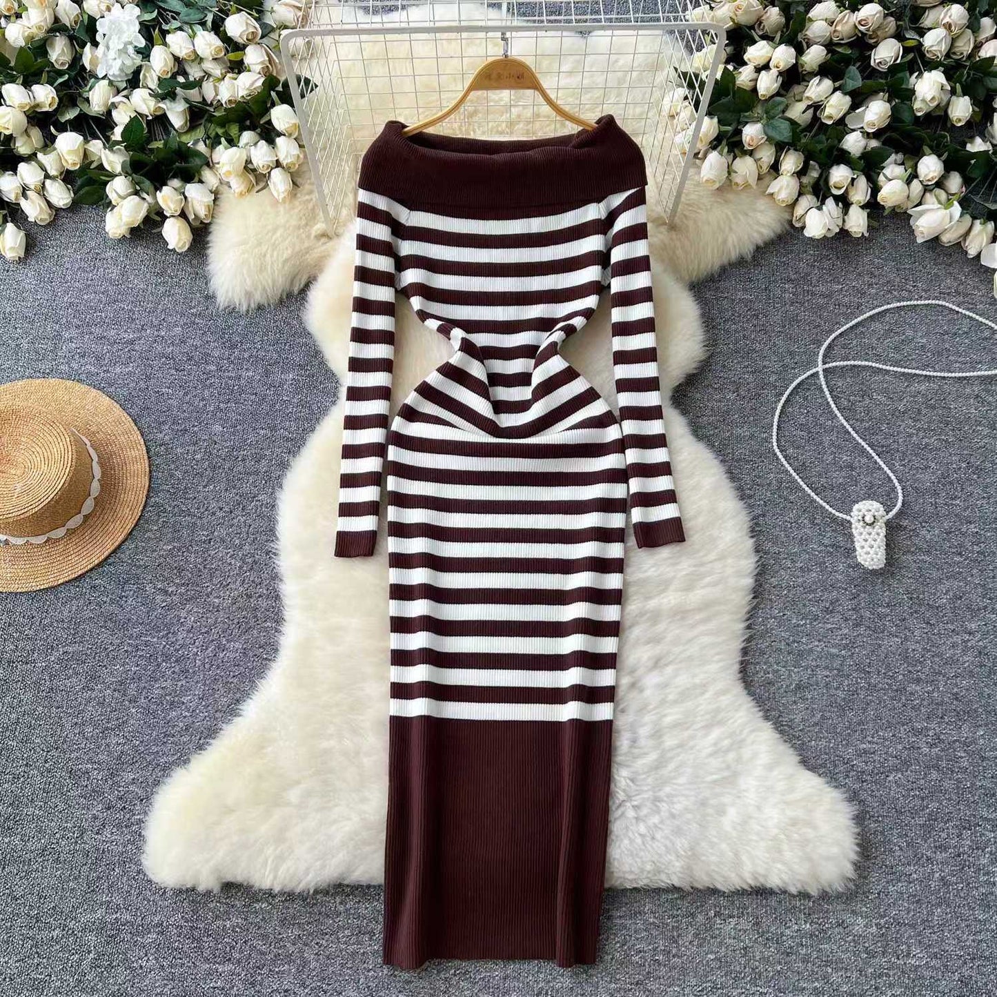 Elegant Slim-fit Sheath Stripes Knitted Dress