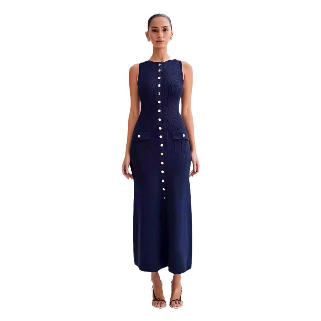 Knitted Elegant Sleeveless Button Long Dress