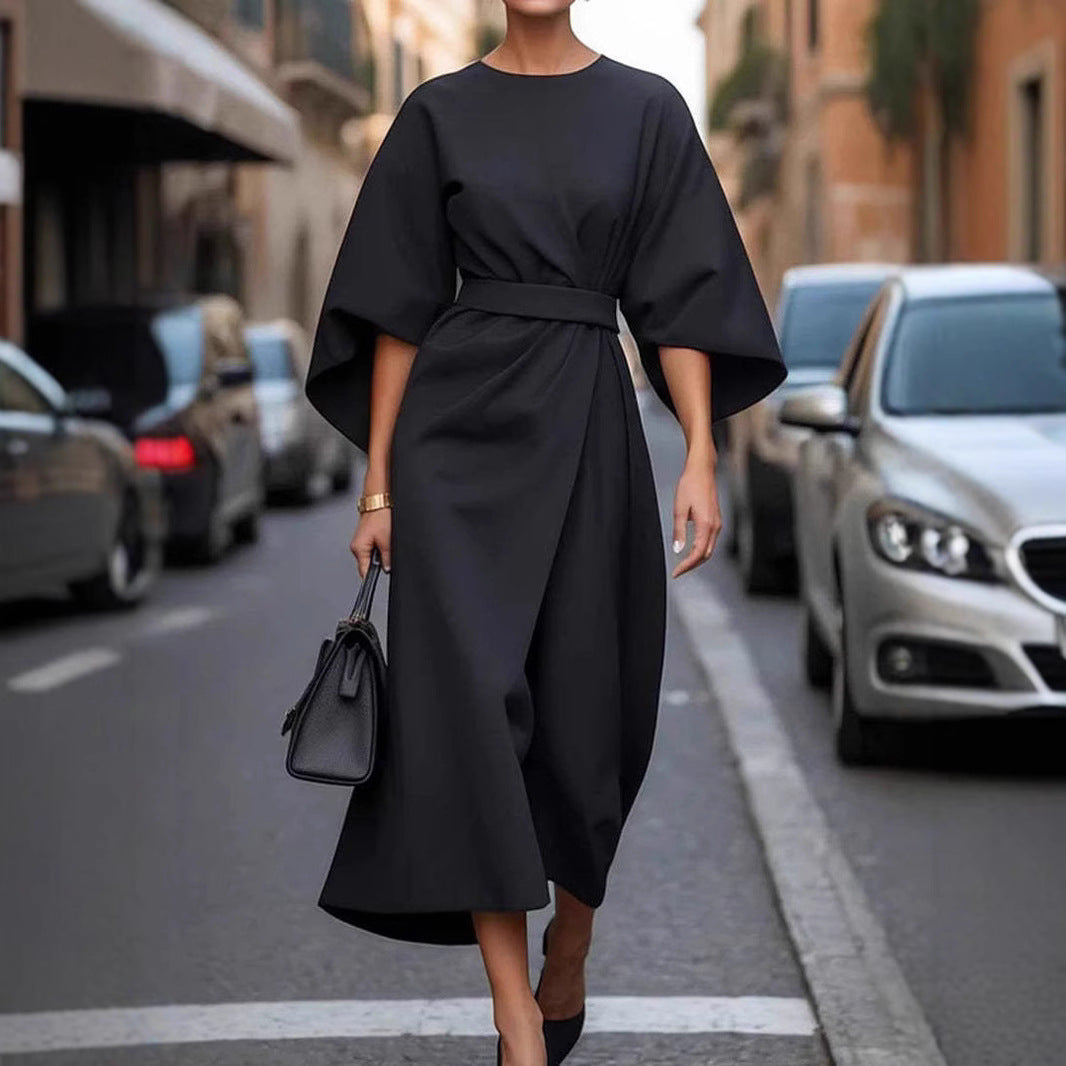 Waist-tighted Solid Color Elegant Dress