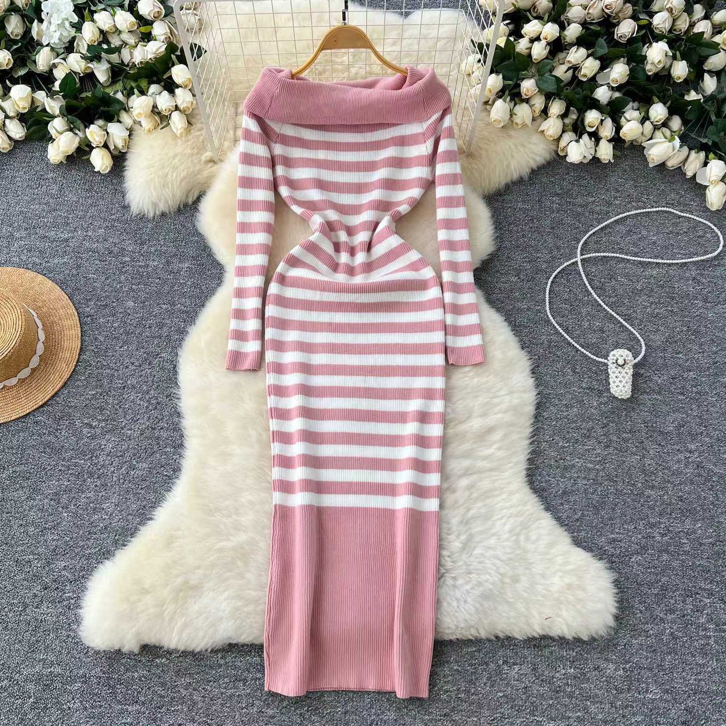 Elegant Slim-fit Sheath Stripes Knitted Dress