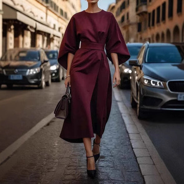 Waist-tighted Solid Color Elegant Dress