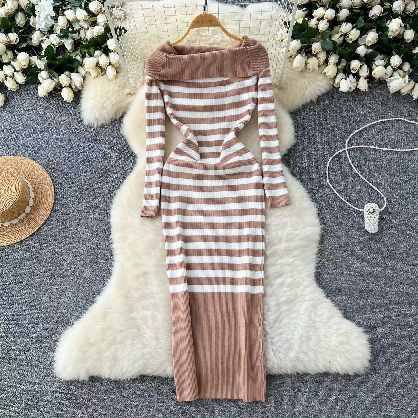 Elegant Slim-fit Sheath Stripes Knitted Dress