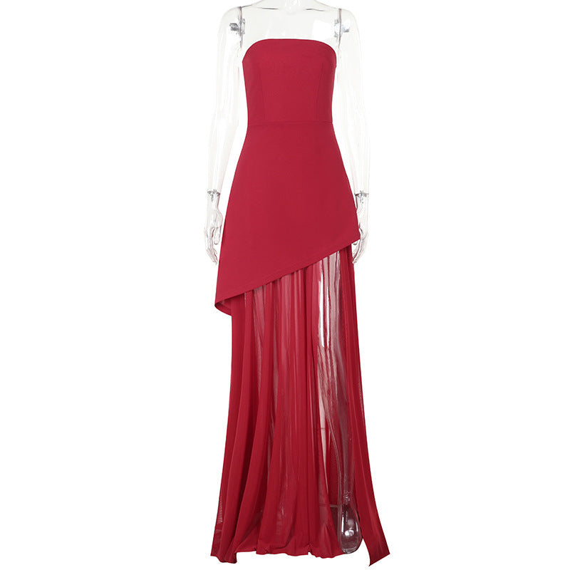 Split Socialite Elegant Slim Tube Top Mesh Stitching Hem Dress