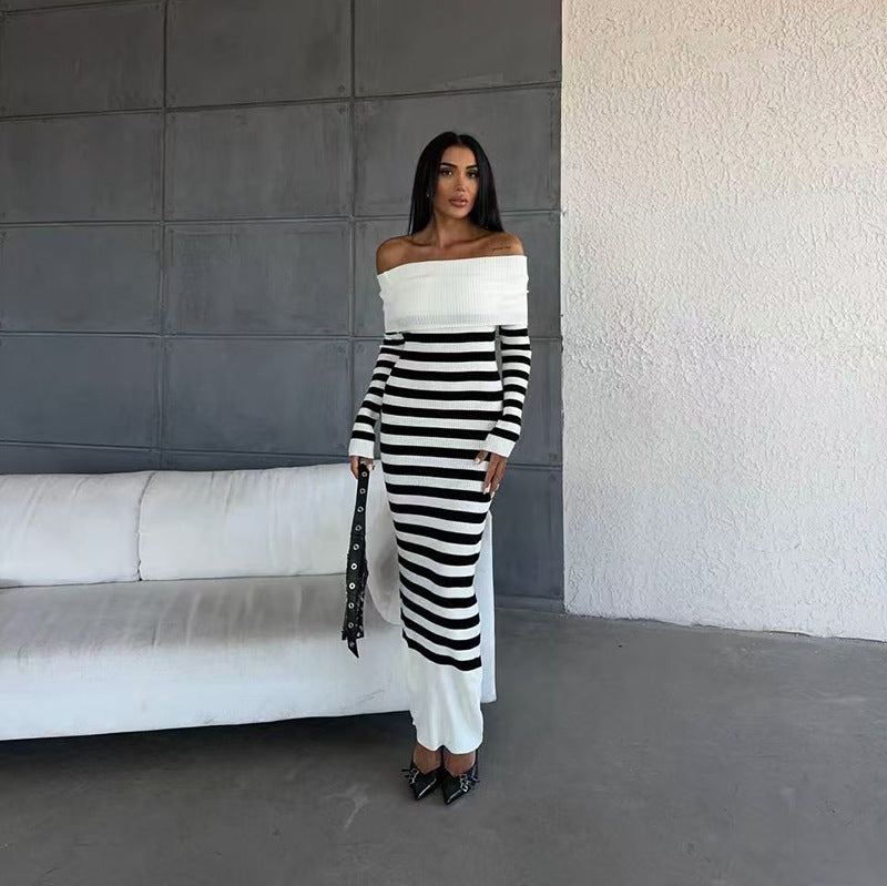 Elegant Slim-fit Sheath Stripes Knitted Dress