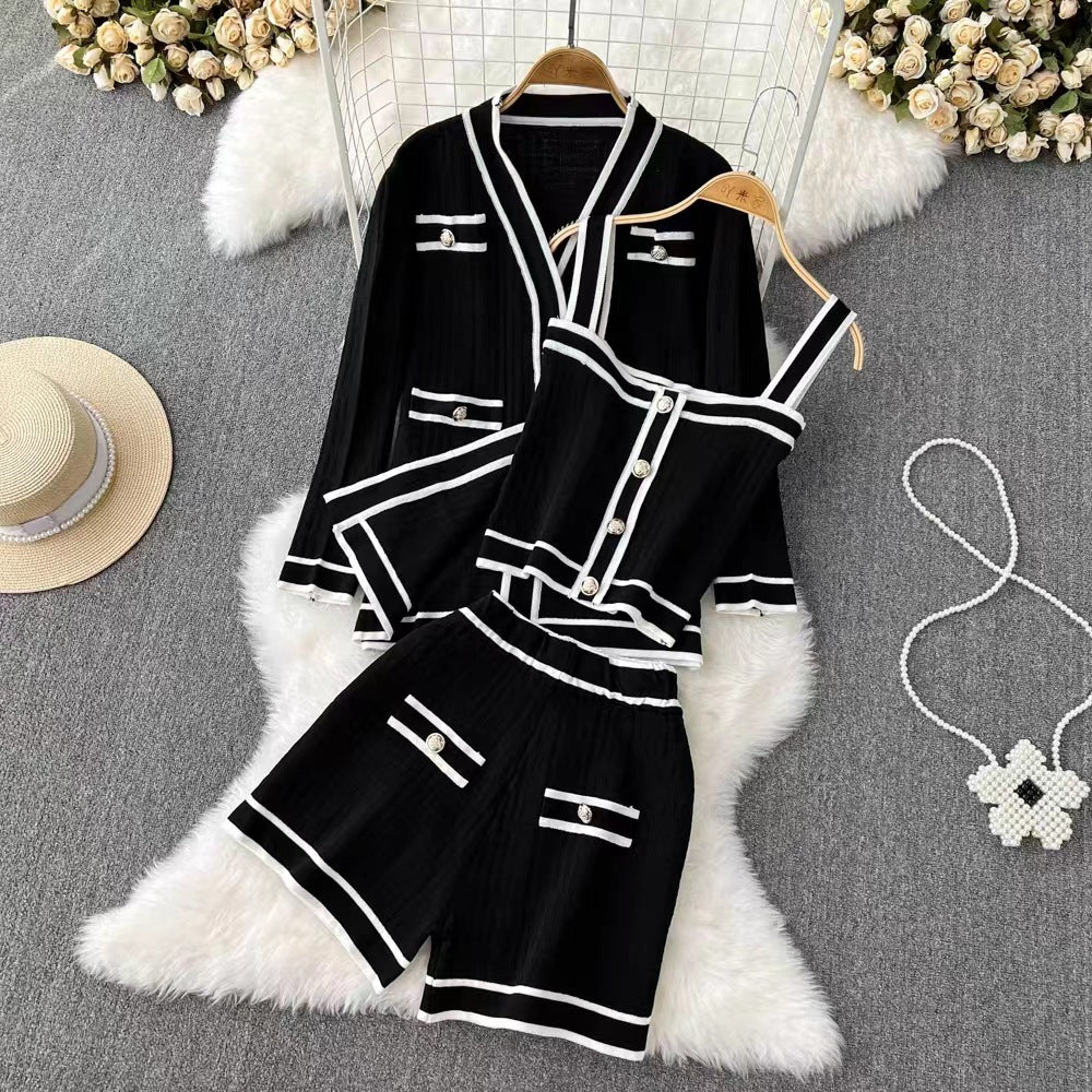 Contrast Elegant Socialite V-neck Knitted Cardigan Suit