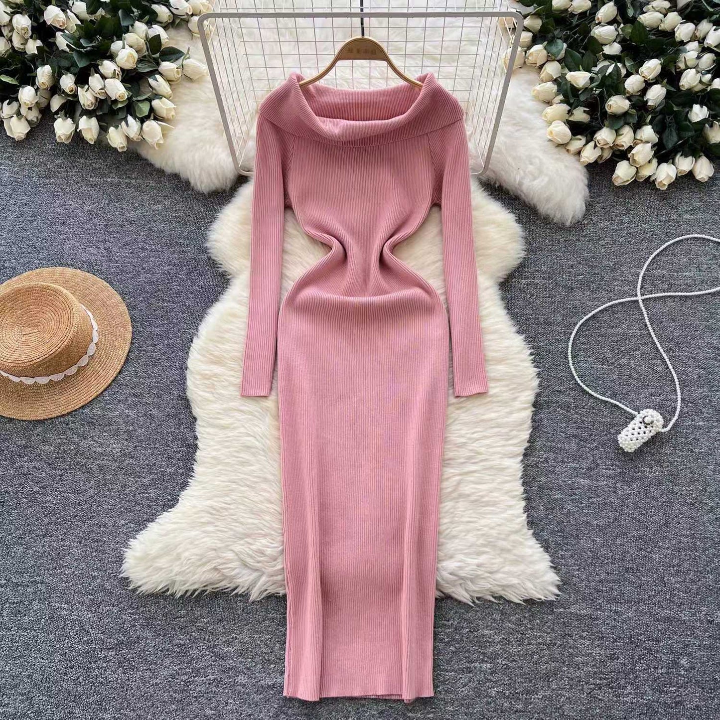 Elegant Slim-fit Sheath Stripes Knitted Dress