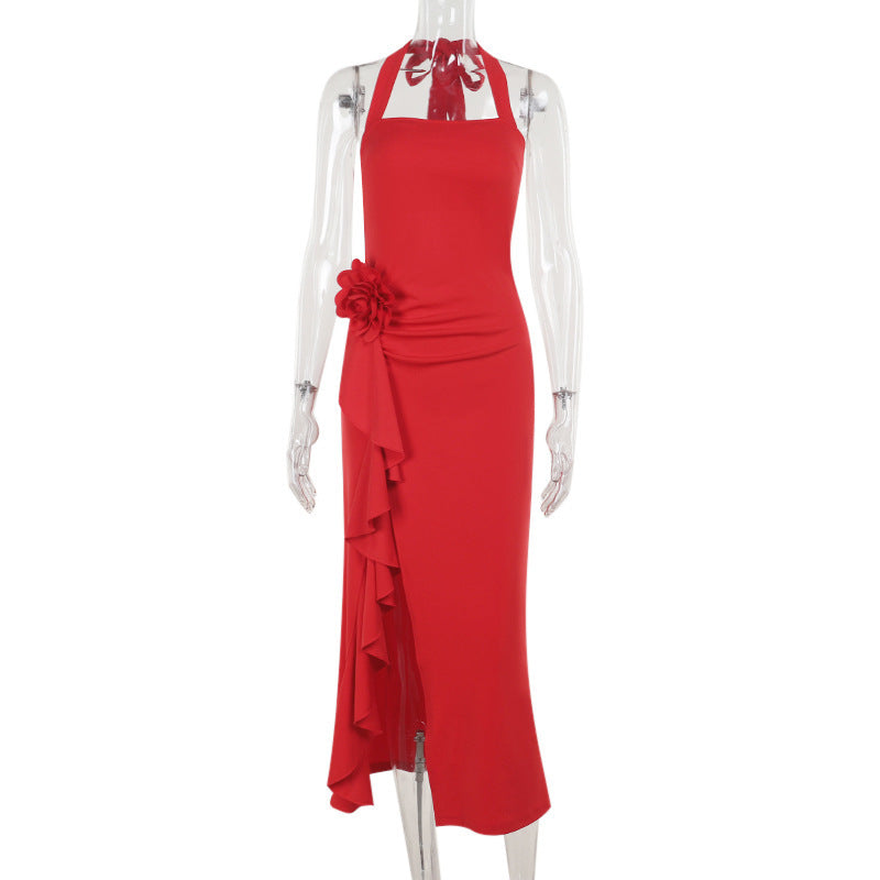 Elegant Slim Three-dimensional Flower Split Dress