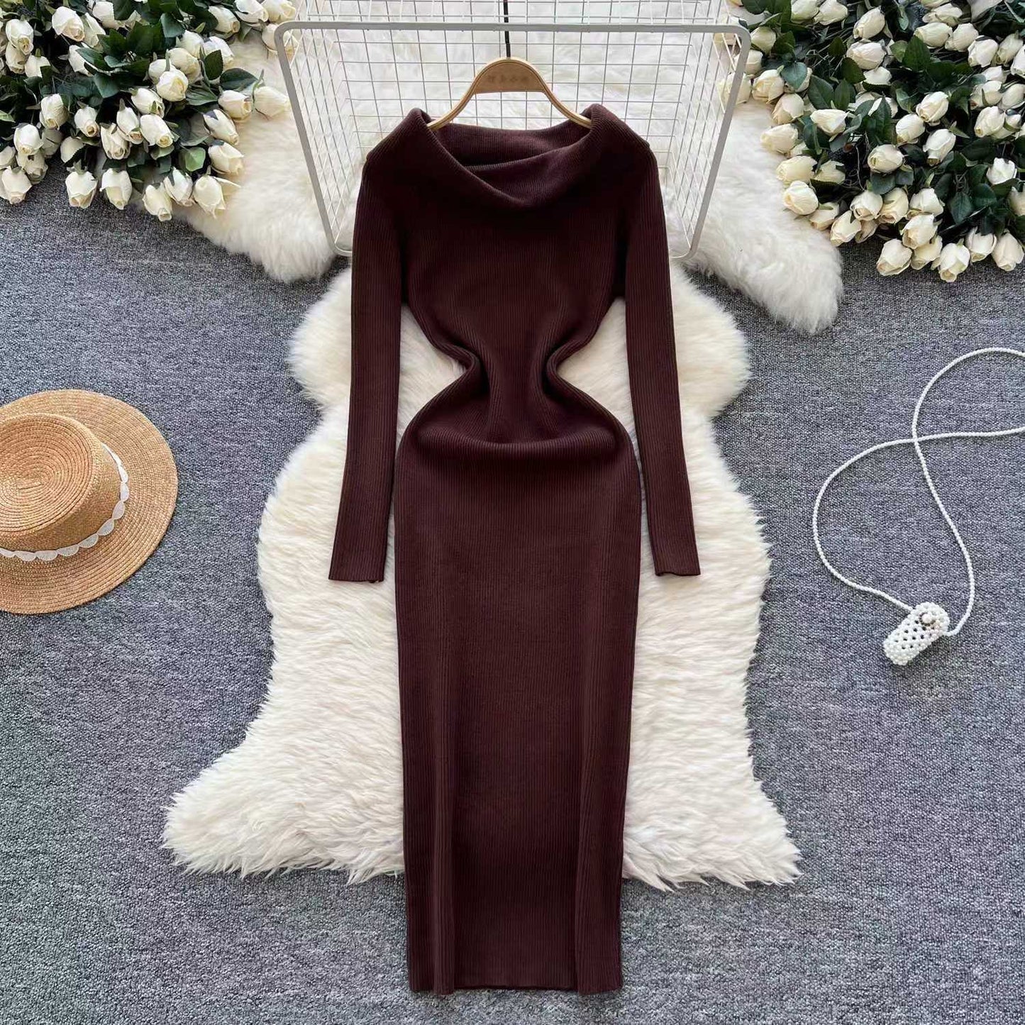 Elegant Slim-fit Sheath Stripes Knitted Dress