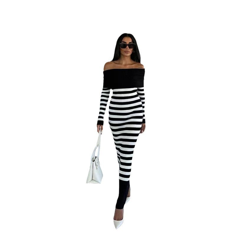 Elegant Slim-fit Sheath Stripes Knitted Dress