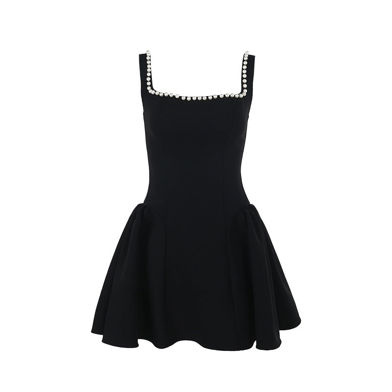 Socialite Elegant Slim Pearl Square Collar Sling Skirt