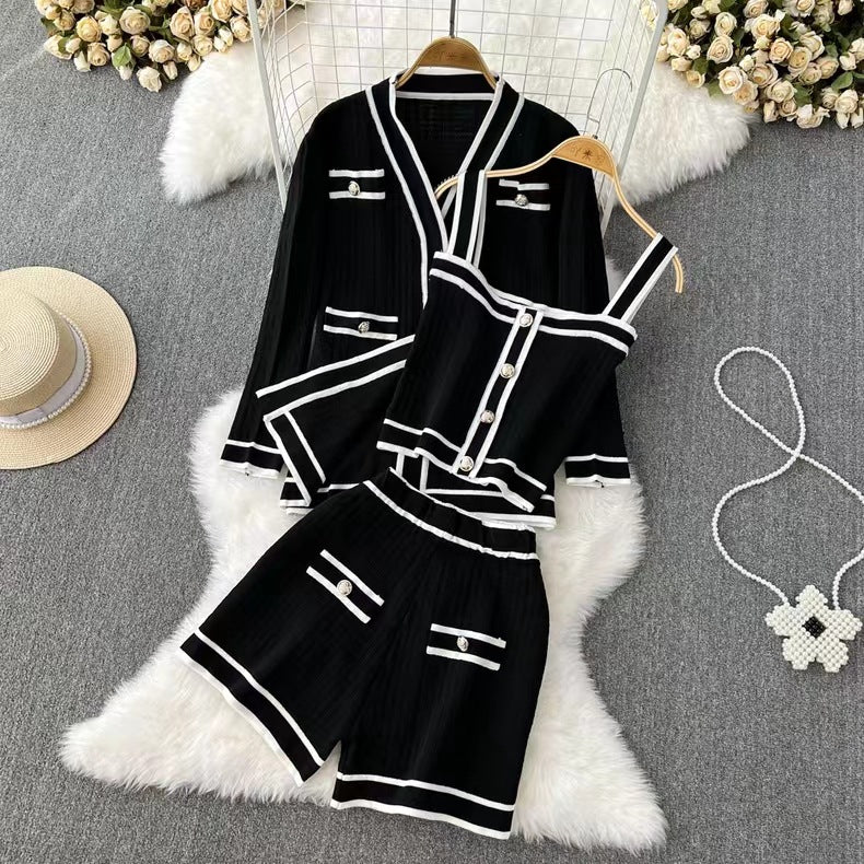 Contrast Elegant Socialite V-neck Knitted Cardigan Suit
