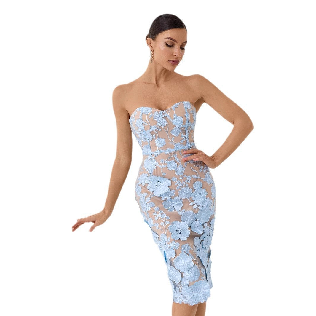 French Embroidery Flower Tube Top Dress