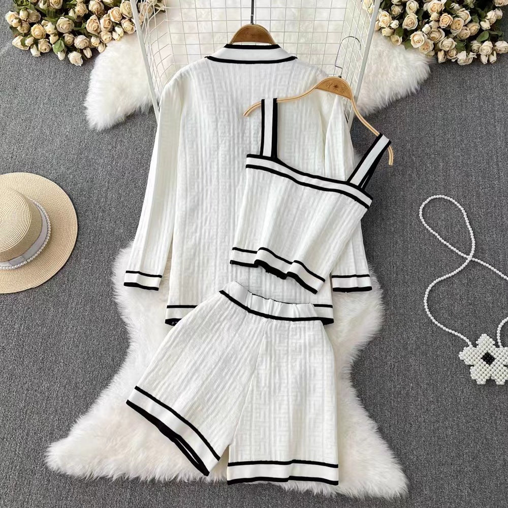 Contrast Elegant Socialite V-neck Knitted Cardigan Suit