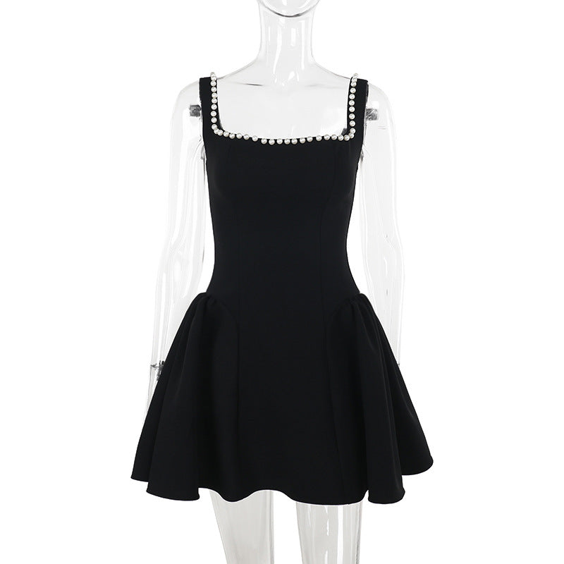 Socialite Elegant Slim Pearl Square Collar Sling Skirt