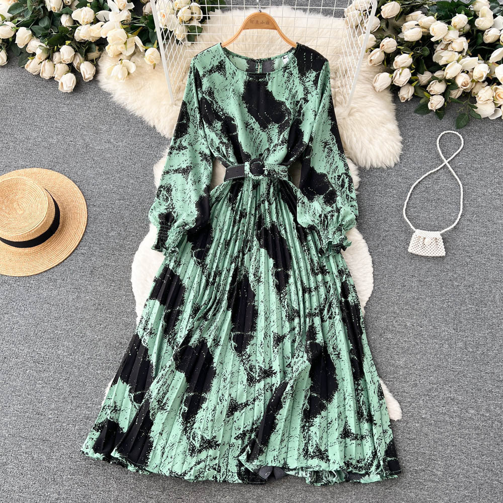 European Style Retro Printed Heavy-duty Pleated Dress