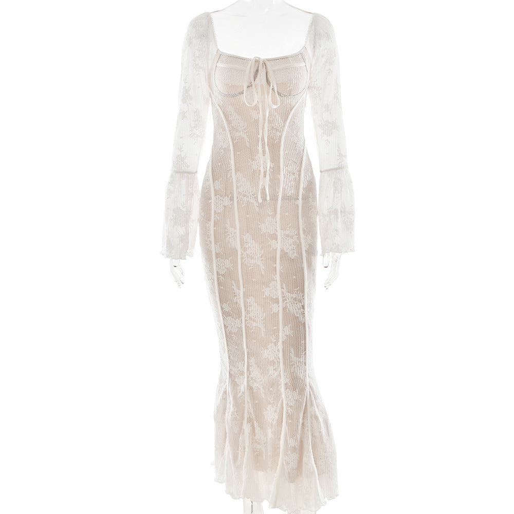 Flared sleeve lace tube top dress in white, showcasing intricate lace details and a stylish silhouette.